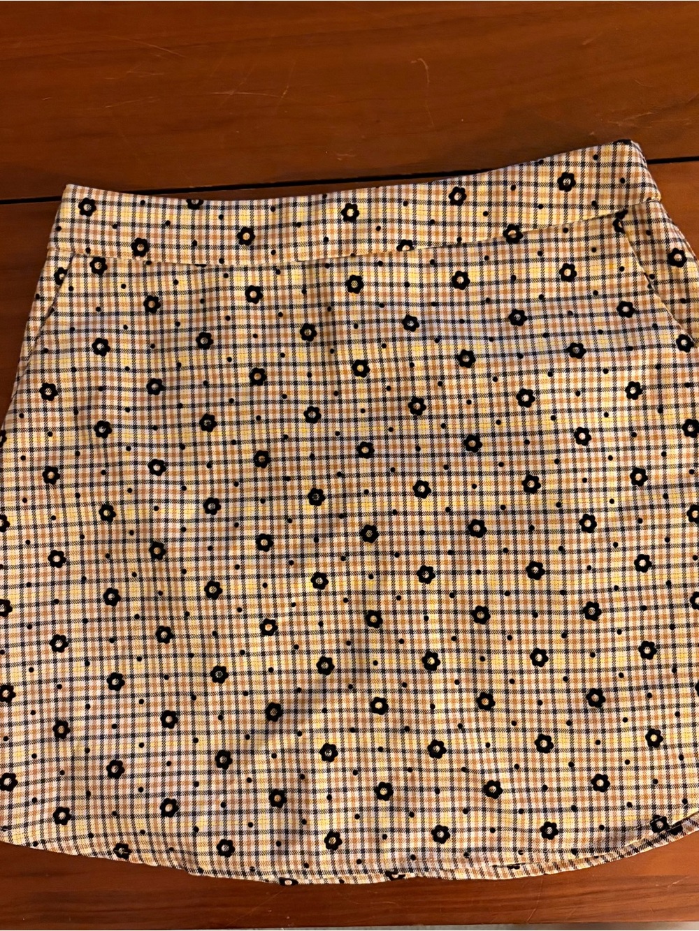 Le Lis Yellow Checked Mini Skirt with Black Floral Dots